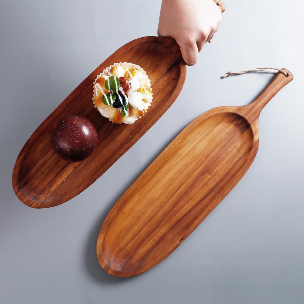 Wooden Tray Wood Serving Tray with Handle Large Serving Plates Acacia Solid Wood Appetizer Plates Multi-Use Oval Acacia Plates for Appetizer for Snack Small 1pcs