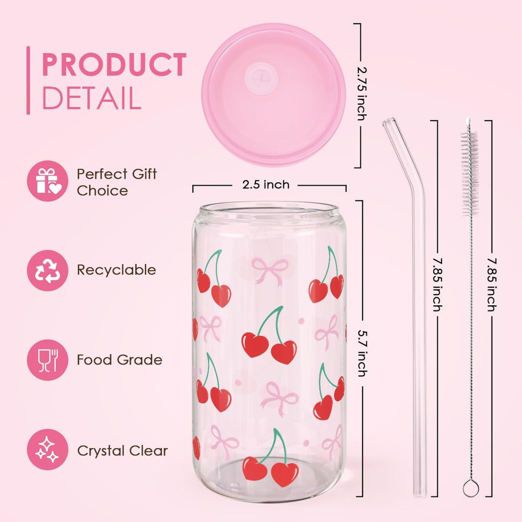 Cherry 16 Oz Can Glass Tumbler with Acrylic Lid and Straw - Iced Coffee Cups for Women, Aesthetic Glass Cup Gift for Birthday Christmas