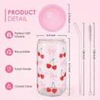 Cherry 16 Oz Can Glass Tumbler with Acrylic Lid and Straw - Iced Coffee Cups for Women, Aesthetic Glass Cup Gift for Birthday Christmas