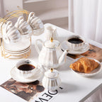 Porcelain Tea Sets British Royal Series, 8 OZ Cups& Saucer Service for 6, with Teapot Sugar Bowl Cream Pitcher Teaspoons and tea strainer for Tea/Coffee (Coral White)