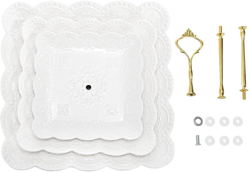 Tebery 2 Pack 3-Tier White Ceramic Embossed Dessert Cake Tower Stand with Gold Carry Handle, Cupcake Stand Serving Trays, Porcelain Party Food Server Display Holder