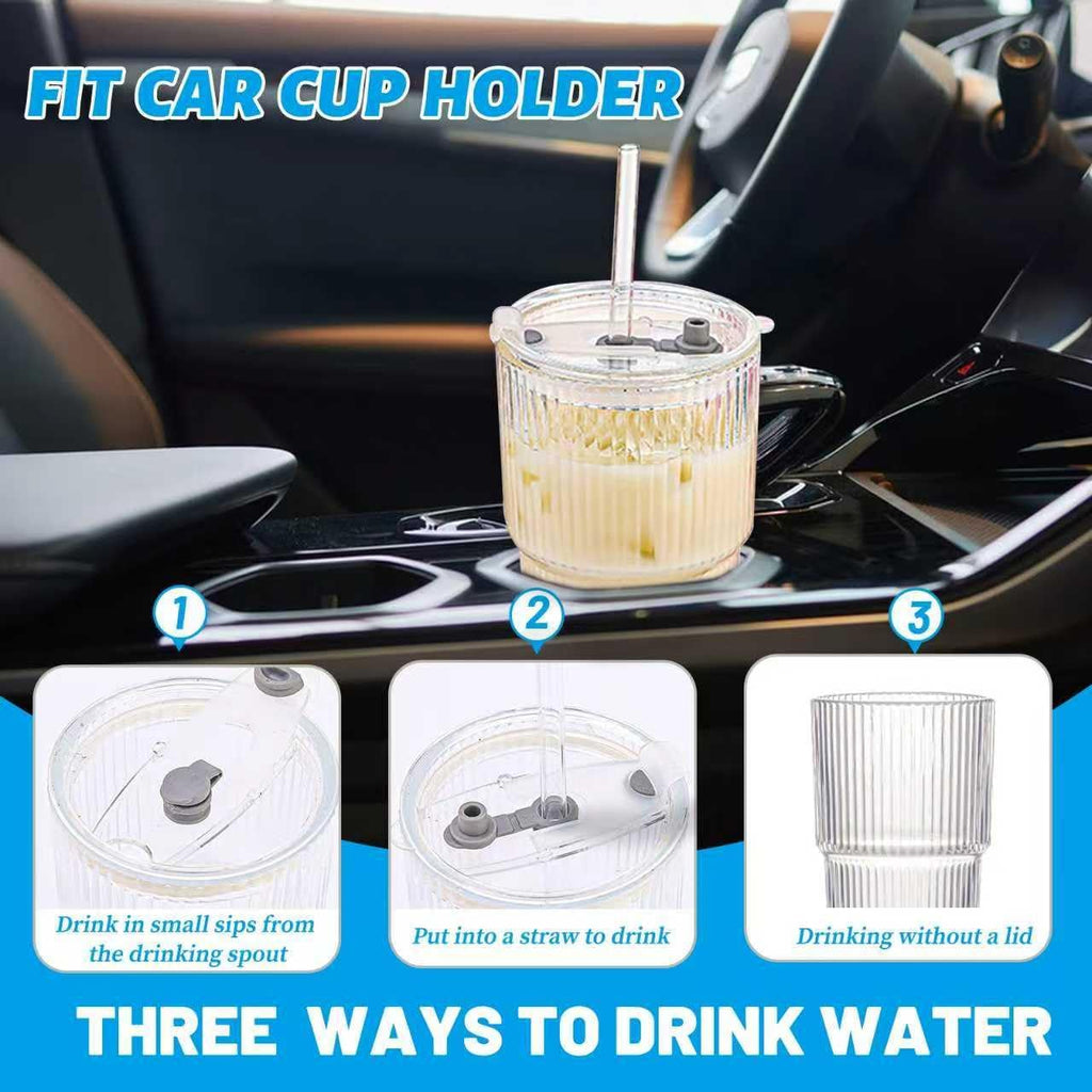 20 oz Glass Tumbler with Lid and Straw, Clear Ribbed Iced Coffee Cup, High Borosilicate Glass Tumbler, Reusable Vintage Glassware for Iced Coffee, Smoothies, Cocktails, and Juices