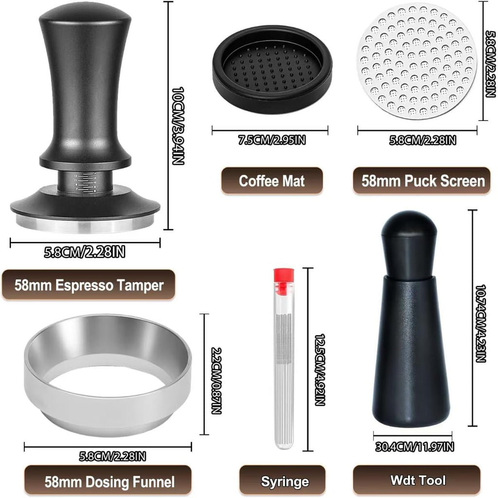 58mm Espresso Accessories Kit, Spring Loaded Calibrated Espresso Tamper, Wdt Tool Espresso and Silicone Tamper Mat,Dosing Funnel, Coffee Puck Screen and 12 Replacement Needles Fit 58mm Portafilters