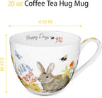 20 oz Rabbit Coffee Hug Mug, Spring Flowers & "Happy Days" Slogan, Premium Bone China Cute Bunny Mug, Perfect Holiday and Birthday Gift for Women, Designed in England by Harvest Green Studio