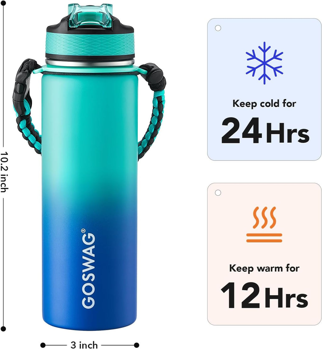 GOSWAG Insulated Sports Water Bottle, 24oz 2 Lids(with Straw/No Straw), Stainless Steel Water Bottles with Paracord Handle, Insulated Bottle with Double-Wall Vacuum Insulation