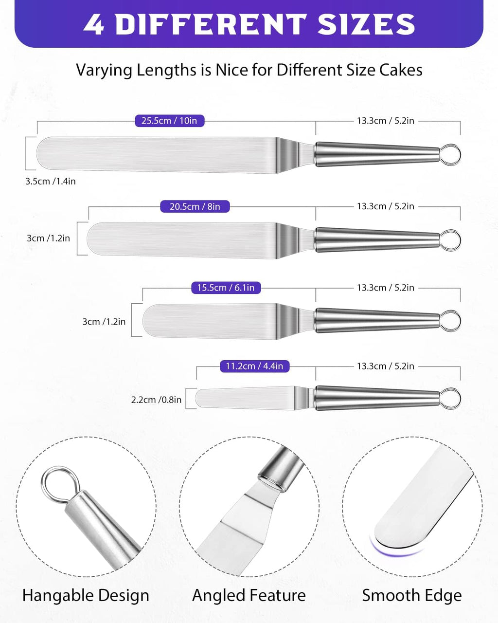 Offset Icing Spatula, Cake Angled Spatula Set with 4, 6, 8 & 10 Inch Blades, Stainless Steel Handle Suitable for Home, Kitchen or Bakery