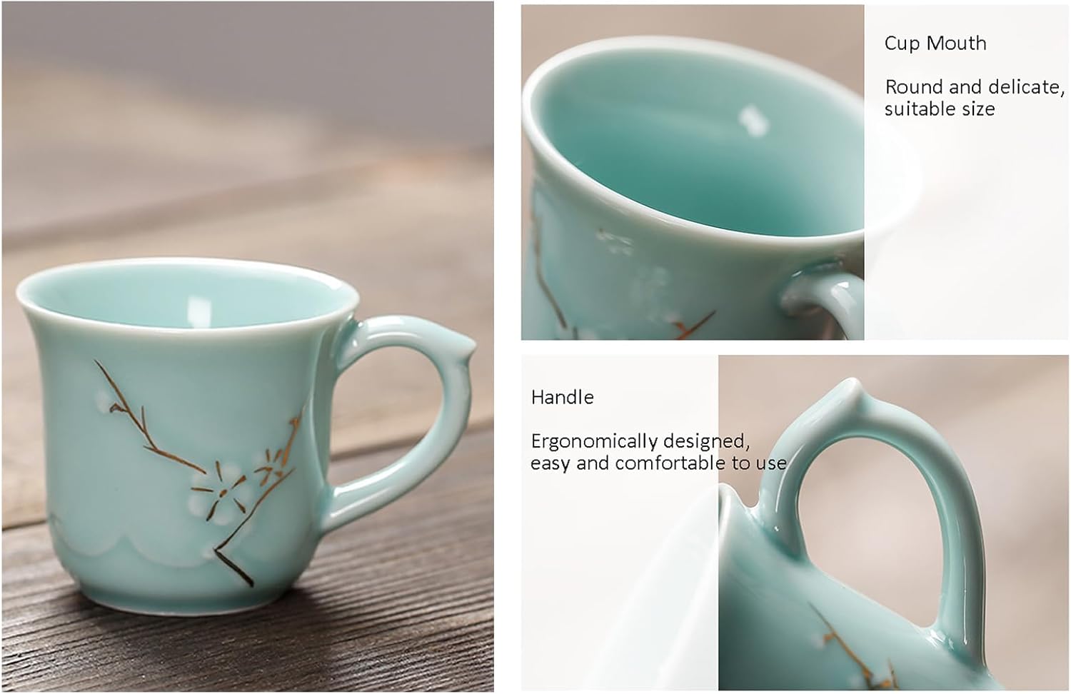 KEYDUACU Japanese Tea Set, Celadon Ceramic Tea Set, Plum Blossom Embossed, Includes 1 Teapot, 6 Anti-scald Teacups,Tea Tray,Strainer, Home, Outdoor, Gift, Chinese Kung Fu Tea Set(FDMH-FT-CYAN)