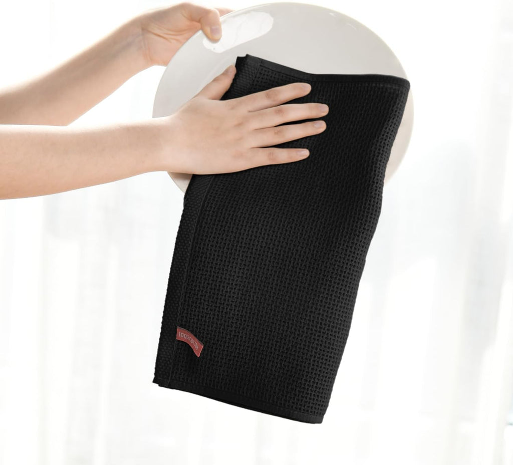 Artoid Mode 100% Cotton Black Waffle Weave Kitchen Dish Cloths, 12x12 Inch Ultra Soft Absorbent Quick Drying Kitchen Dish Towels Set of 6