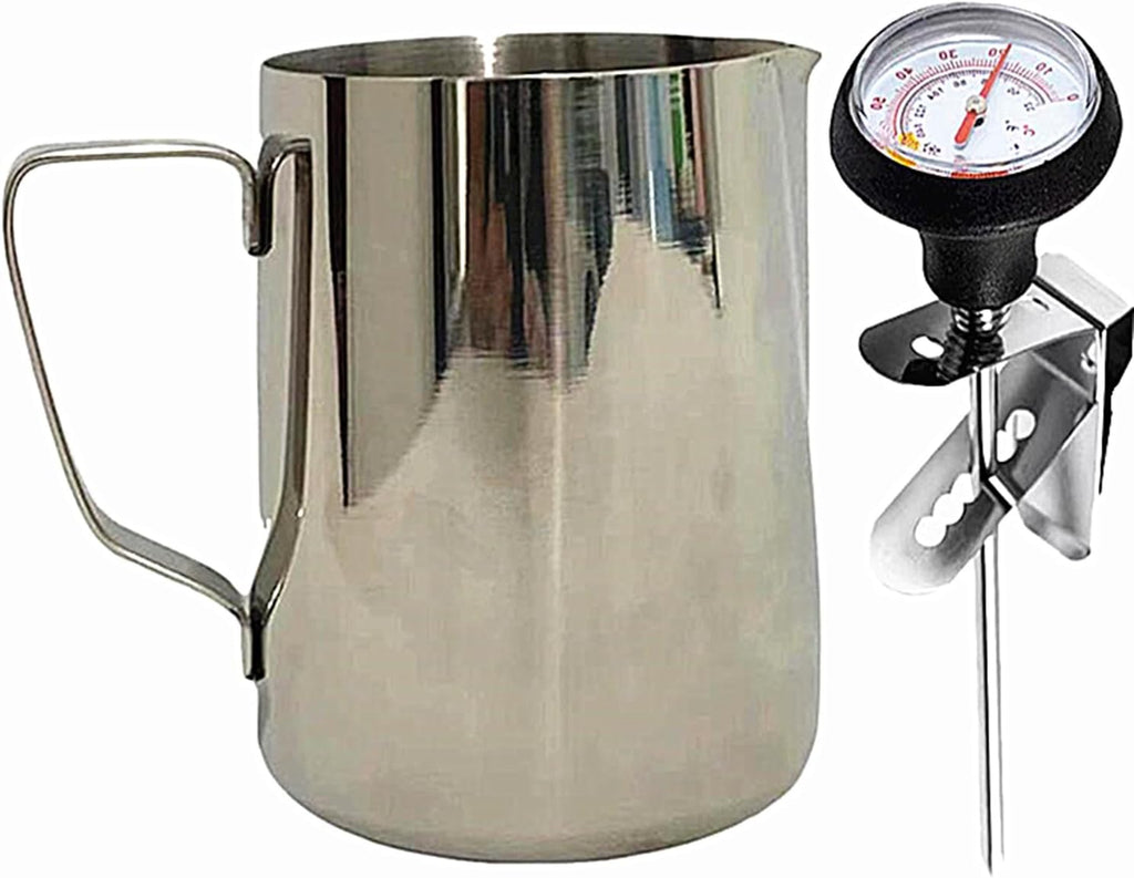 Milk Frothing Pitcher for Coffee, Barista Steaming Jug (21 Ounces with Thermometer Pen)