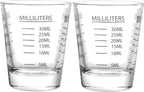 2-Pack Shot Glass Measuring Cups Set | Non-Fading 4-Measurement Espresso Jigger (OZ/ML/TSP/TBSP) | Thick Base Heavy Glass Measuring Cup for Coffee & Kitchen，Dishwasher Safe, Incremental Scale (Black)