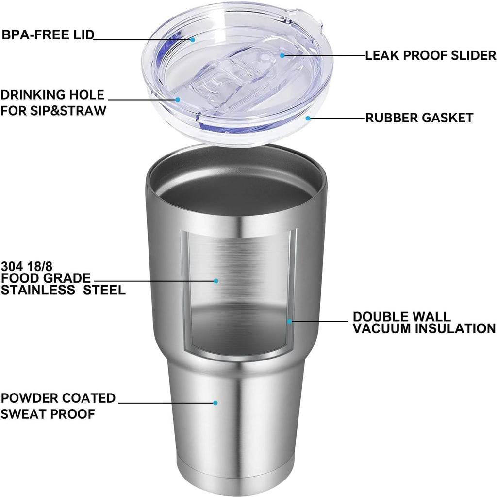 DOMICARE 30 oz Tumbler with Lid and Straw, Stainless Steel Tumblers Bulk, Insulated Vacuum Double Wall Travel Coffee Mug, Durable Powder Coated Tumbler Cup (Stainless Steel, 1)
