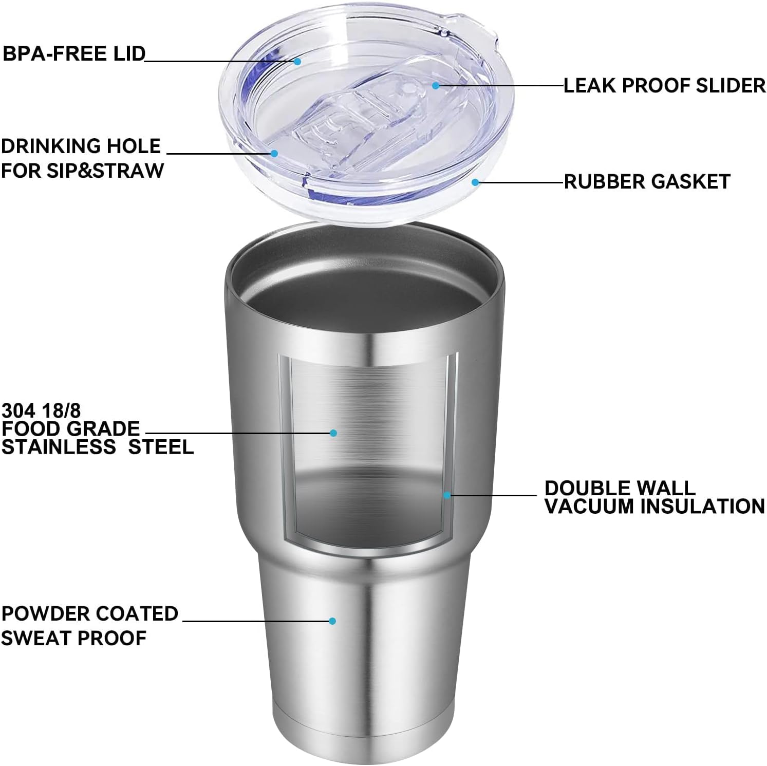 DOMICARE 30 oz Tumbler with Lid and Straw, Stainless Steel Tumblers Bulk, Insulated Vacuum Double Wall Travel Coffee Mug, Durable Powder Coated Tumbler Cups (Stainless Steel, 12)