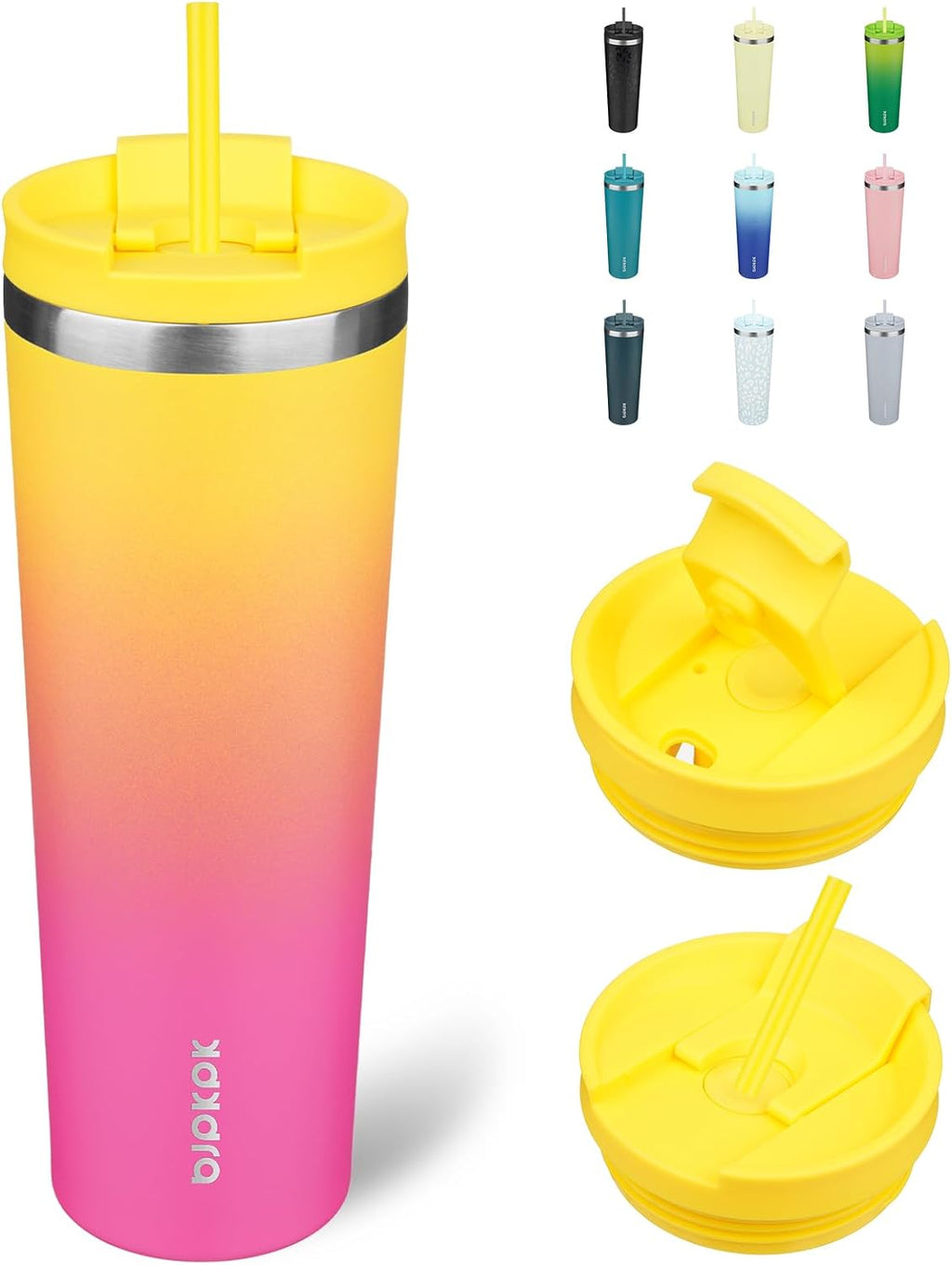 BJPKPK 30oz Stainless Steel Insulated Tumbler With lid And Straw Travel Coffee Thermal Tumblers Cup For Women And Men,Pink Yellow Rose