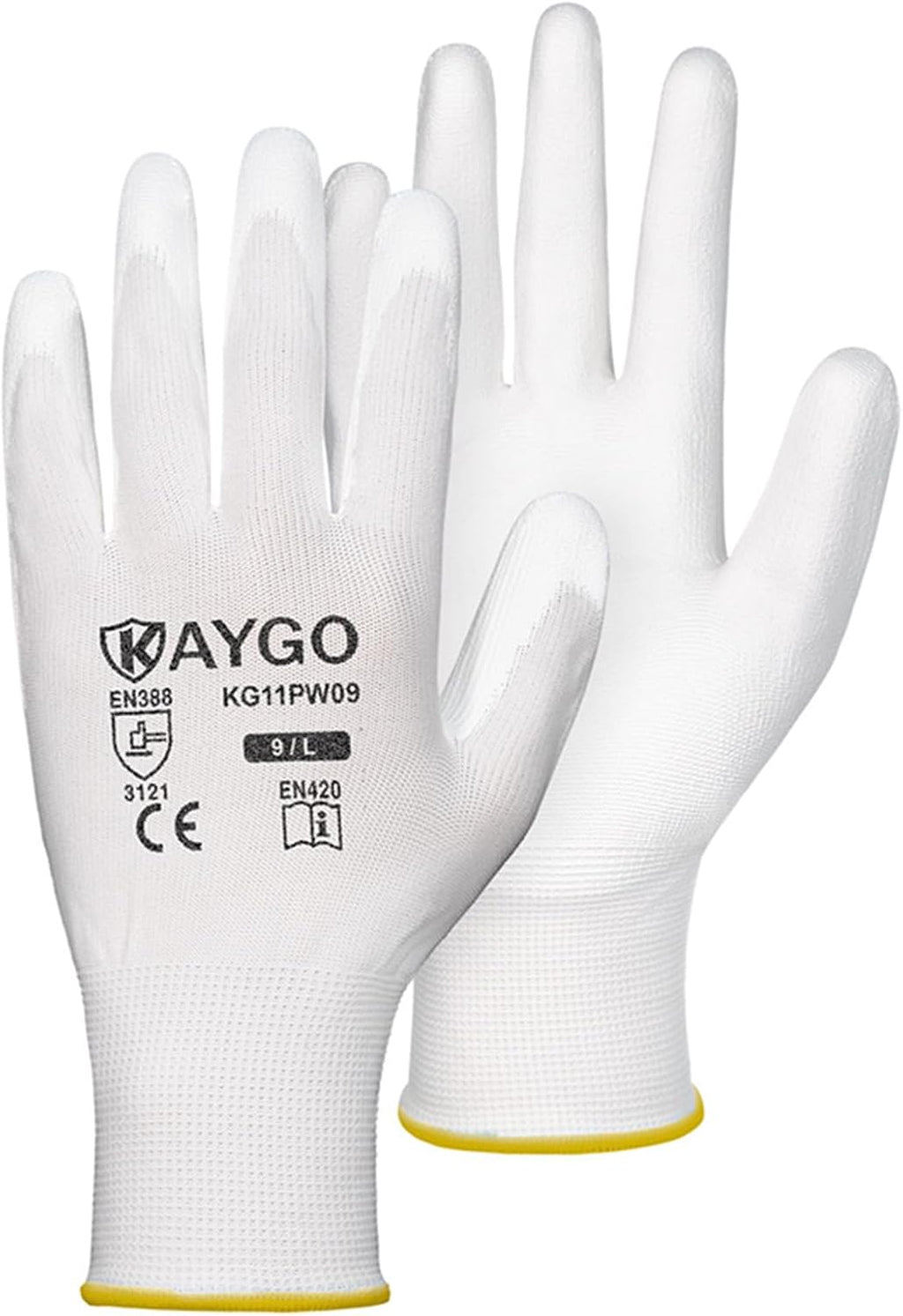 Safety Work Gloves PU Coated-60 Pairs, KG11P Seamless Knit Glove with Polyurethane Coated Smooth Grip on Palm&Fingers, for Men and Women, Ideal for General Duty Work, White,Large
