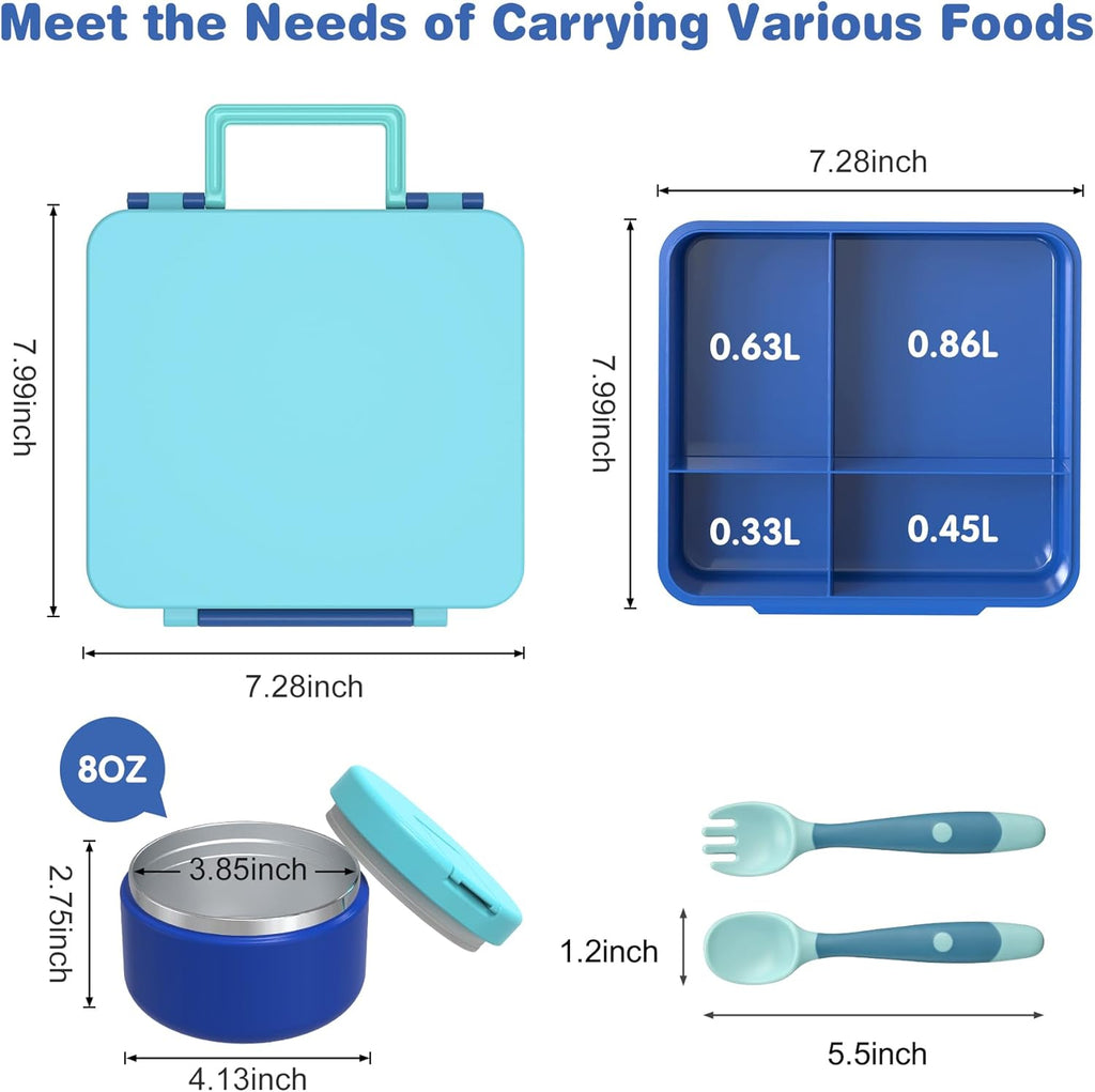 Bento Lunch Box with 8oz Soup Thermo, Kids Leakproof Lunch Food Containers with 4 Compartment, Kids Thermo Insulated Hot Food Jar for School, Trvael（Blue