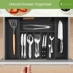 Purawood Bamboo Drawer Organizer - Expandable Silverware Organizer & Utensil Organizer, Cutlery Tray with Dividers, 7-9 Slots - Premium Kitchen Drawer Organizer for Utensils & Flatware (Black)