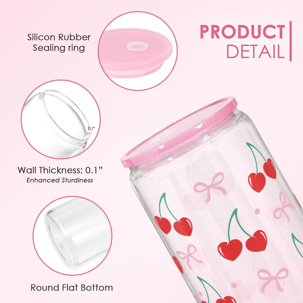 Cherry 16 Oz Can Glass Tumbler with Acrylic Lid and Straw - Iced Coffee Cups for Women, Aesthetic Glass Cup Gift for Birthday Christmas