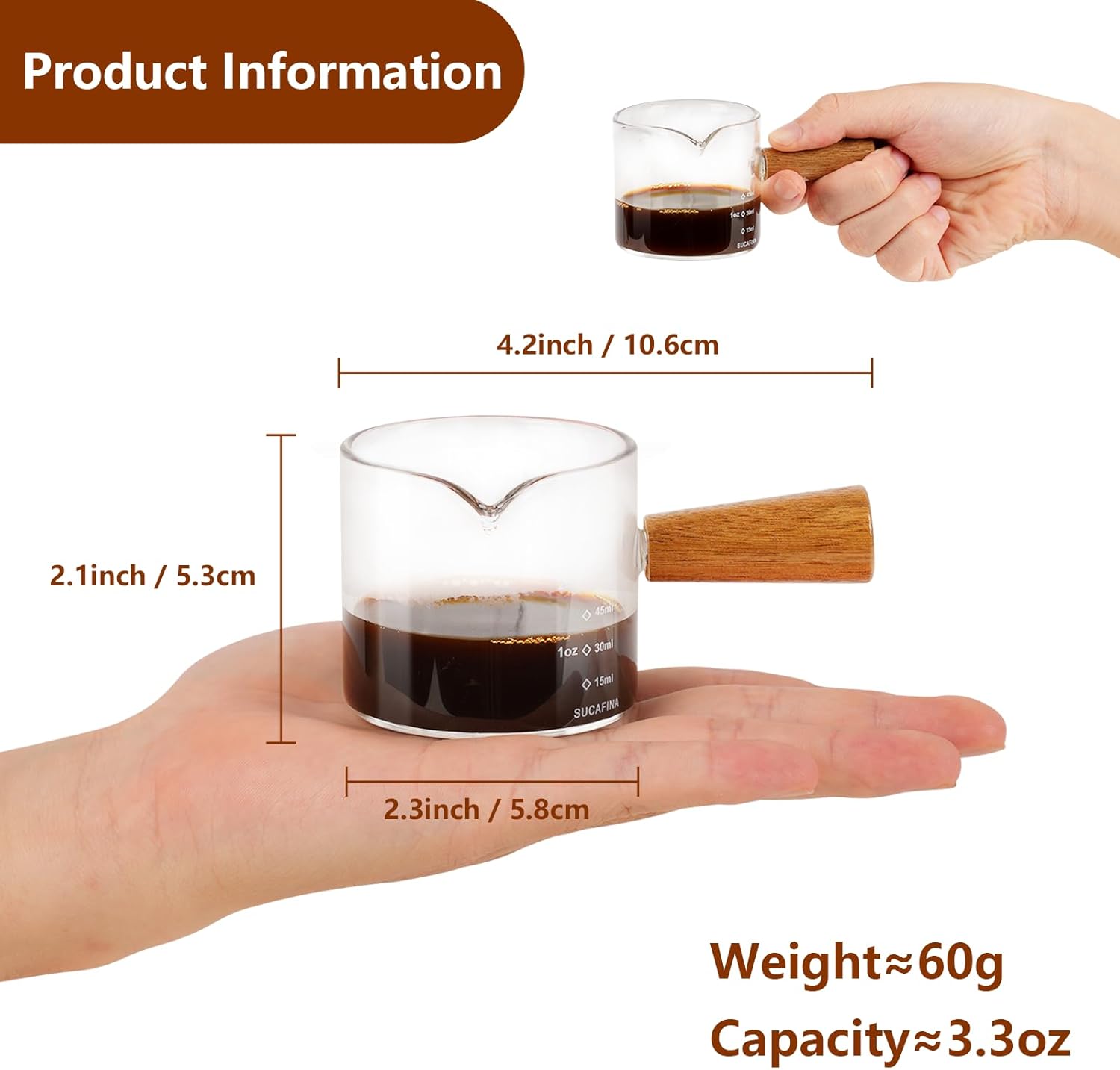 YARRAMATE 3.4oz Espresso Shots Cup with Wood Handle, Clear Glass Espresso Measuring Cup with Dual Scale, Shot Glass with Single Spout