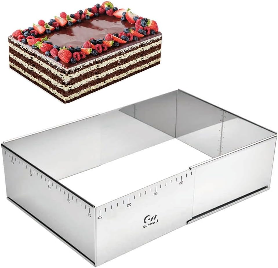 Guowall Extensible Rectangular Cake Mould Stainless Steel Pastry Ring Mold for Tiramisu Rectangle Adjustable Baking Frame Big Size for Multiple Size - 10 x 7 inch