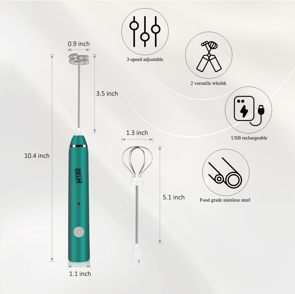 Delm Milk Frother Electric USB Stainless Steel Accessory - Frother Wand Foam Maker for Lattes - Milk Frother Handheld for Cappuccino, Frappe, Matcha, Hot Chocolate - Frother for Coffee (green)