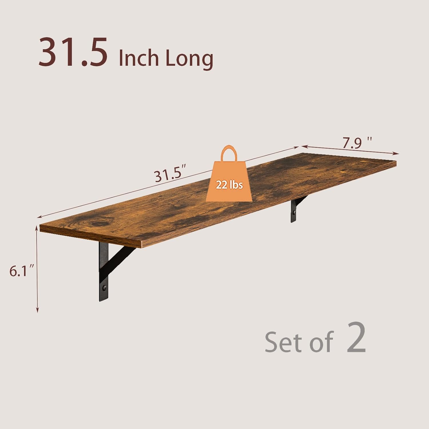 DINZI LVJ Long Wall Shelves, 31.5 Inch Wall Mounted Shelves Set of 2, Easy-to-Install, Wall Storage Ledges with Sturdy Metal Brackets for Living Room, Bathroom, Bedroom, Kitchen, Rustic Brown