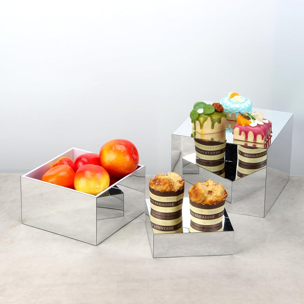 Acrylic Silver Mirror Display Riser, 3 Pcs Glossy Silver Risers for Display Food Display Lifter Nesting Display Risers Hollow Bottom, Acrylic Box Rack Perfume Cosmetics Collection Stand