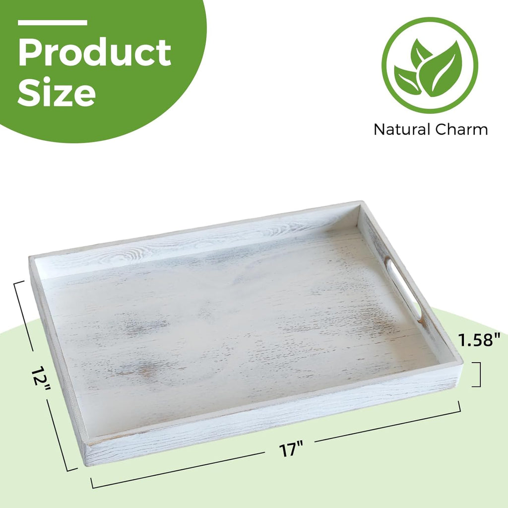 S310 Rustic White Wood Serving Tray with Handles, 17 Inch Wooden Tray for Ottoman, Breakfast, Lunch, Dinner, Decorative Rectangular Tray for Living Room, Kitchen Counter, Outdoor