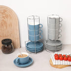 Sweejar Porcelain Espresso Cups with Saucers, 4 Ounce Stackable Cappuccino Cups with Metal Stand for Coffee Drinks, Latte, Tea - Set of 4 (Fog blue)