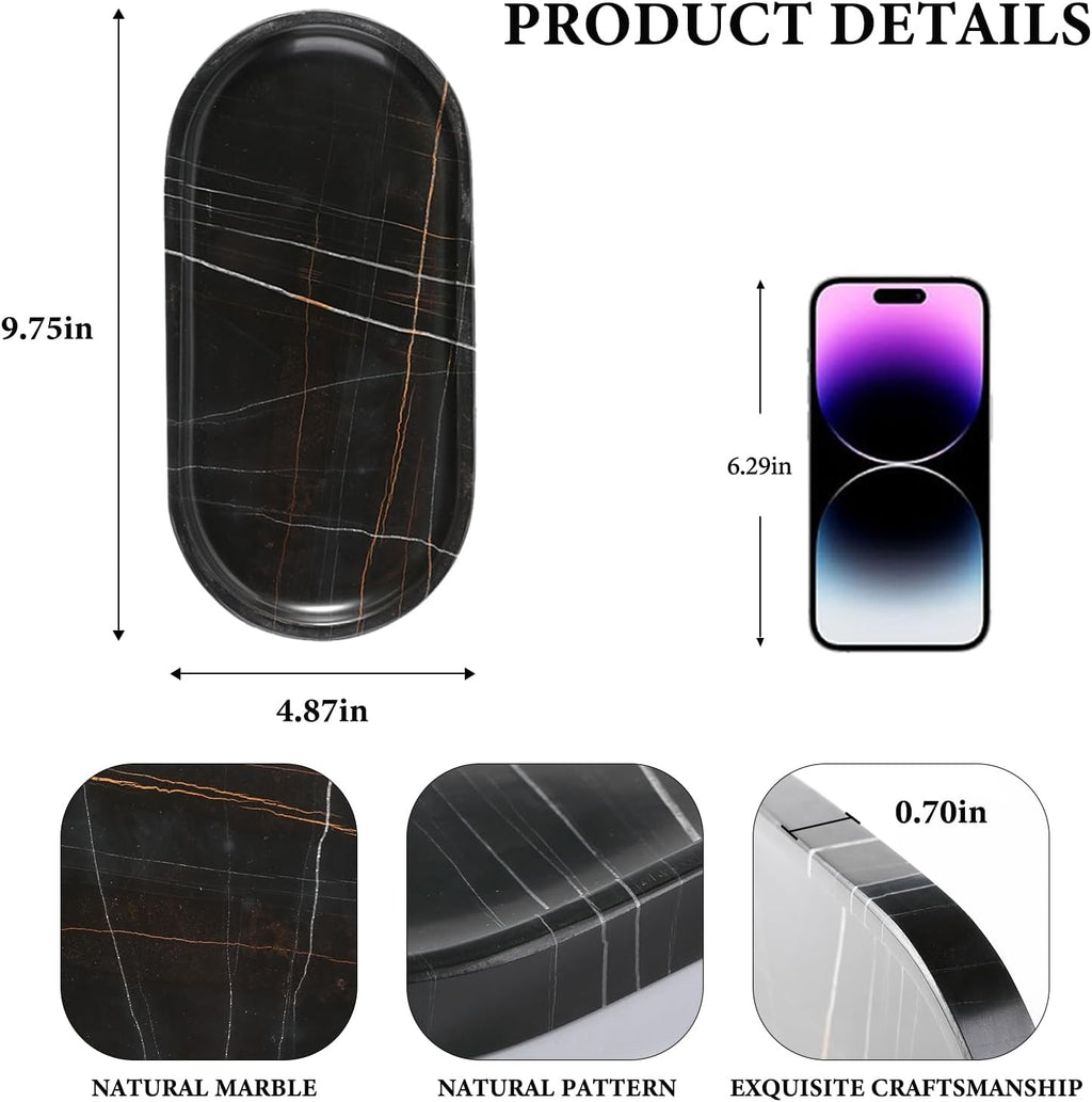 Koville Black Marble Vanity Tray for Bathroom Countertop, 10"x5" Natural Marble Catchall Tray Perfume Trays for Dresser, Stone Jewelry Dish Candle Holder for Home Decor, Stone Oval Trays