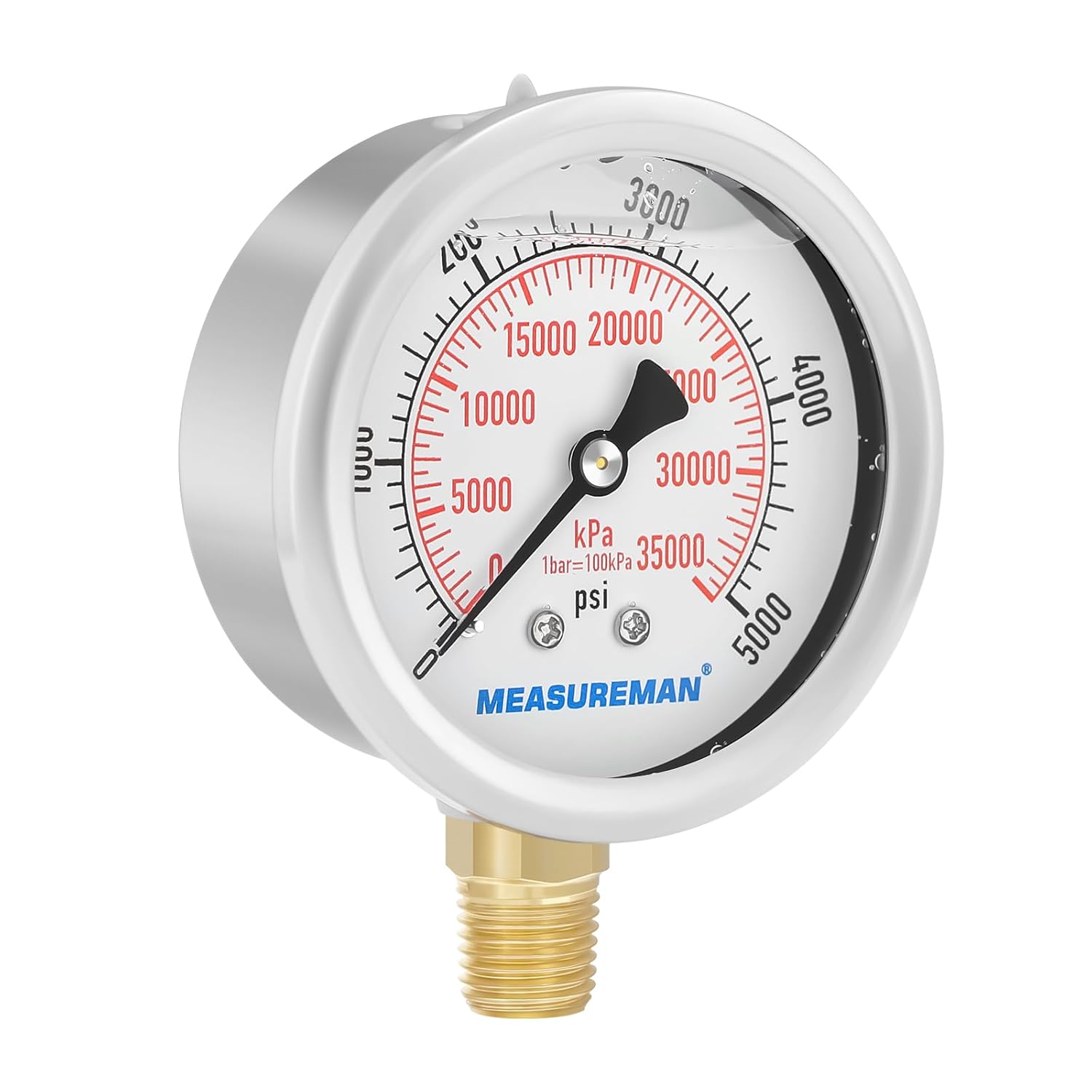 MEASUREMAN 2-1/2inch Dial Size, Liquid Filled Hydraulic Pressure Gauge, 0-5000psi/kpa, 304 Stainless Steel Case, 1/4inchNPT Lower Mount