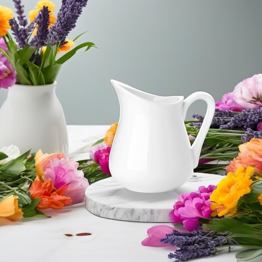 Nucookery 12 Oz Ceramic Creamer with Handle, White Coffee Milk Pitcher, Porcelain Creamer Container Holder For Sauces Salad Coffee Milk, Microwave & Freezer Safe (12-Ounce, Set/1)