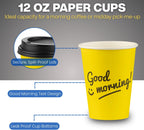 Smygoods Disposable Coffee Cups with Lids, To Go Paper Hot Cups, Good Morning Design (12 OZ, 100 Count) For Hot Beverages, Coffee, Tea, Espresso, Cocoa - Vasos Para Cafe