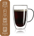 Aurzen 2 Pack Double Walled Glass Coffee Mugs with Handles, Large Insulated Layer Coffee Cups, 15oz Clear Borosilicate Mugs, Perfect for Cappuccino, Tea, Microwave Safe