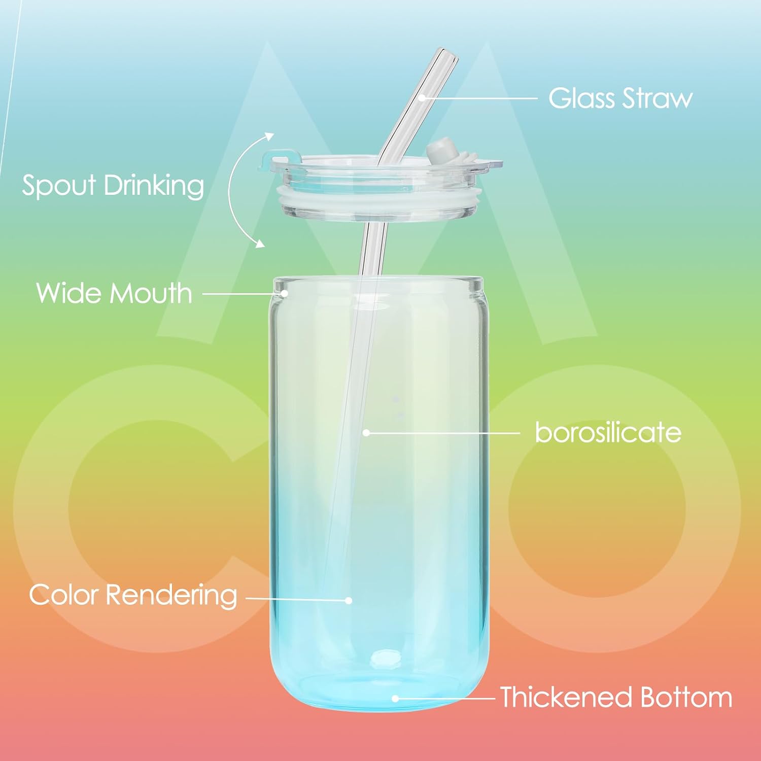 COMI 6pcs Glass Cups with Lids And Straws, Glass Tumbler for Iced Coffee, Drinking Glasses with Two Cleaning Brush,Glass Drinking Set