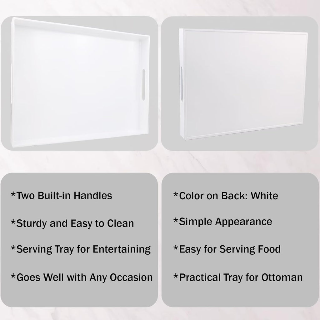 White Serving Tray for Coffee Table, Rectangular Plastic Decorative Tray with Handles for Entertaining, Outdoor Patio, Living Room, Ottoman, Bathroom Counter, 11.8”*15.7”*1.6”