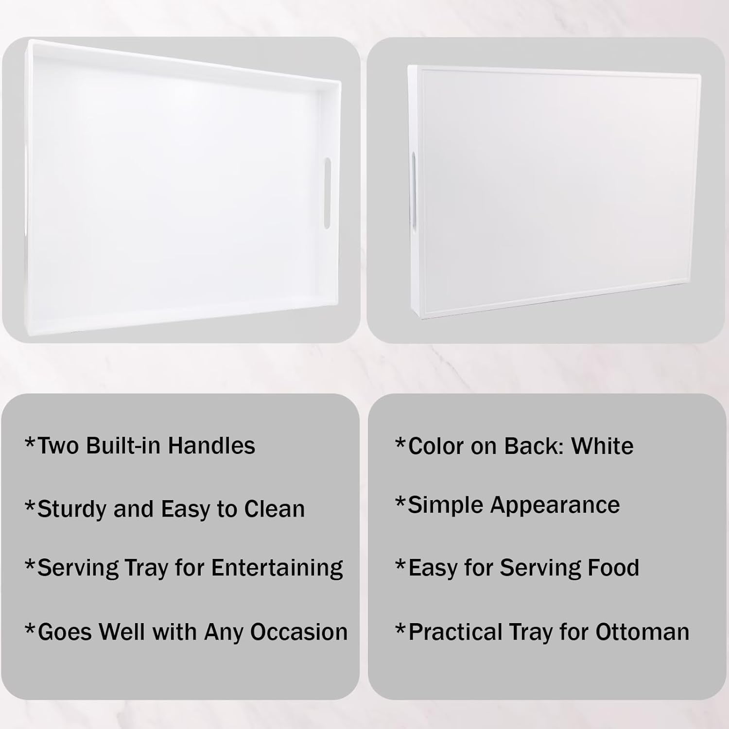 White Serving Tray for Coffee Table, Rectangular Plastic Decorative Tray with Handles for Entertaining, Outdoor Patio, Living Room, Ottoman, Bathroom Counter, 11.8”*15.7”*1.6”