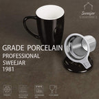 Sweejar Porcelain Tea Infuser Cup with Lid, 16 oz Tea Cup with Strainers for Loose Leaf Tea, Microwave and Dishwasher Safe Coffee Mug, Tea Steeping Mug for Tea Drinkers,Christmas Gift (Black)