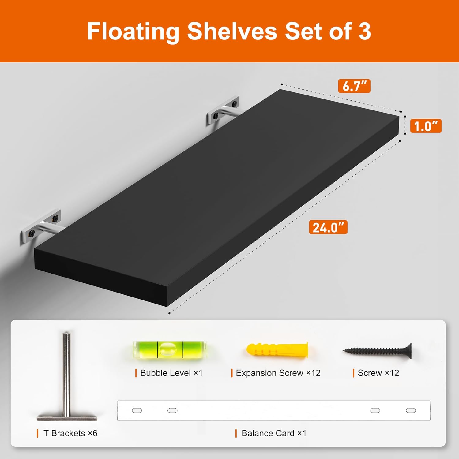 Floating Shelves - Black Wood Wall Shelf Set of 3, 24" Wall Mounted, Kitchen, Living Room, Bedroom, Bathroom Storage, Book Shelf, Frame Display