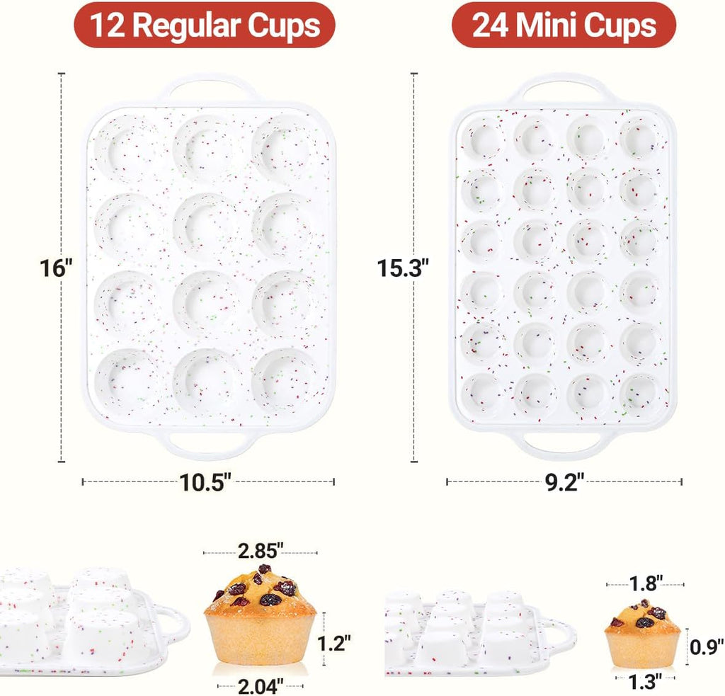 CAKETIME 12 Cups & 24 Cups Silicone Muffin Pan with Metal Frame, Regular & Mini Muffin Pan Set for Baking 2 Pack