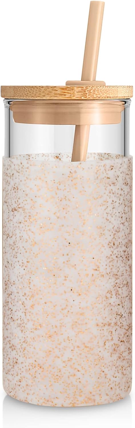 Tronco 20oz Glass Tumbler Glass Water Bottle Straw Silicone Protective Sleeve Bamboo Lid - BPA Free (Dot Bronze/ 1 Pack)