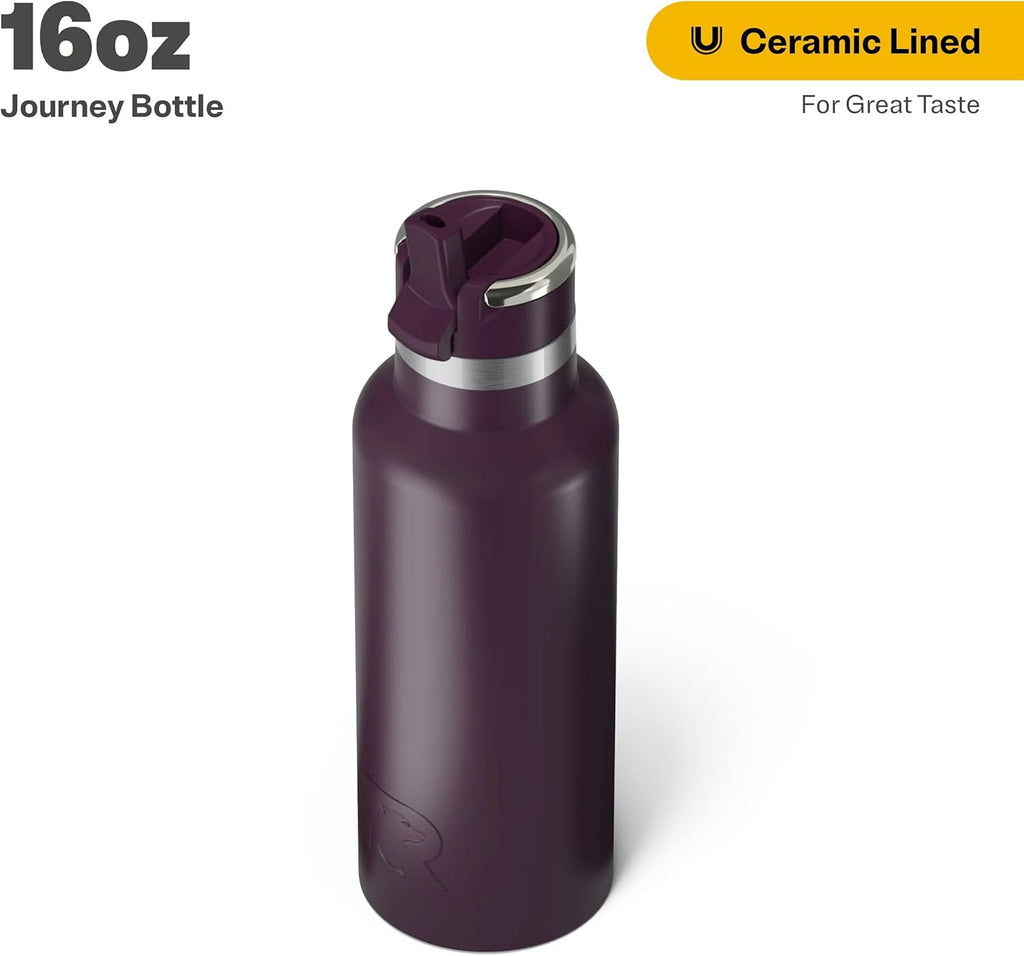RTIC 16oz Journey Bottle Metal Stainless Steel Vacuum Insulated, BPA Free, Reusable, for Water, Hot and Cold Drinks, Travel, Sports, Camping, Plum