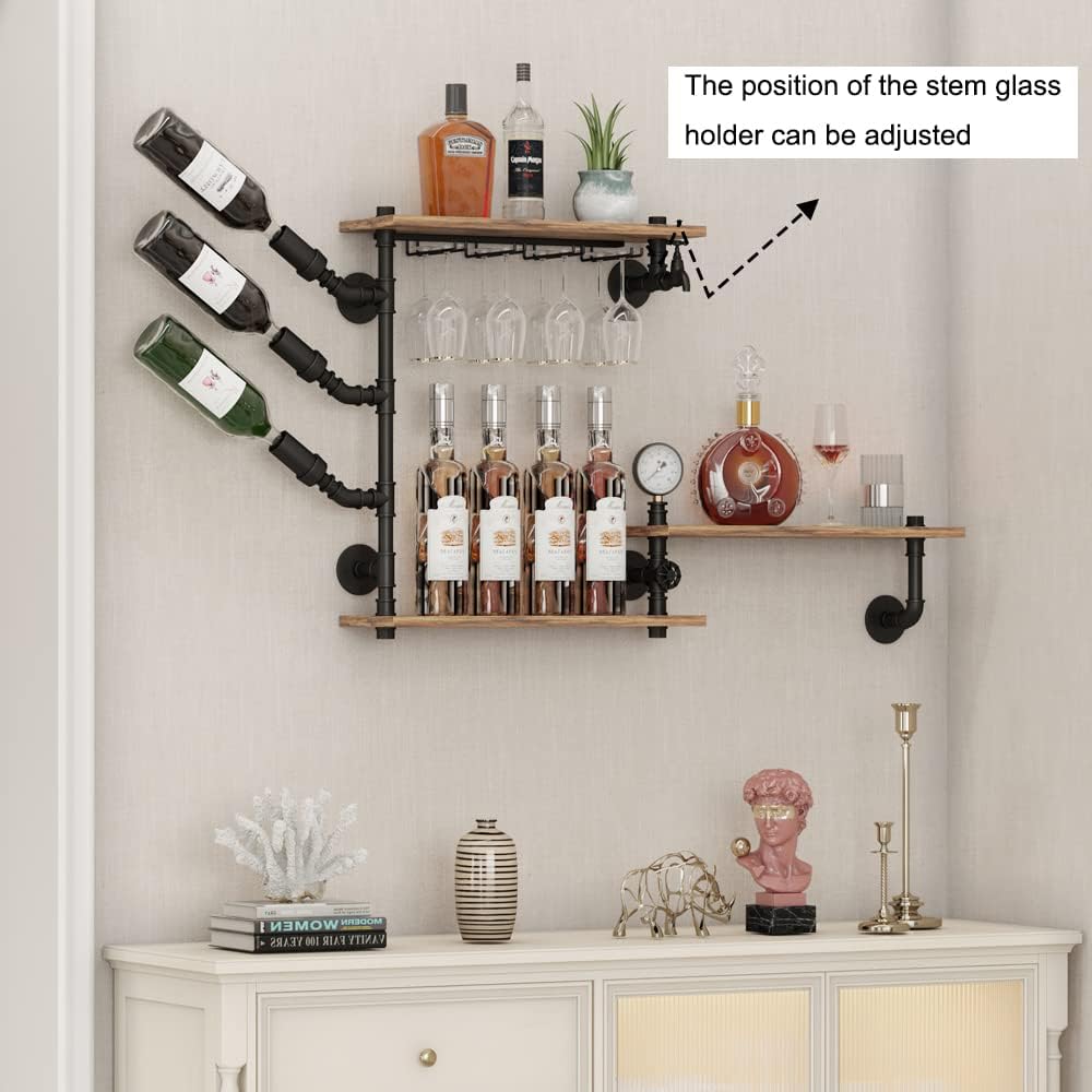 3 Tier Industrial Wall Wine Rack, 46in Floating Bar Liquor Shelves with 4 Stem Glass Holder, Pipe Shelf Shelving Wine Glass Rack, Wine Rack Wall Mounted Living Room Kitchen Decor, Black