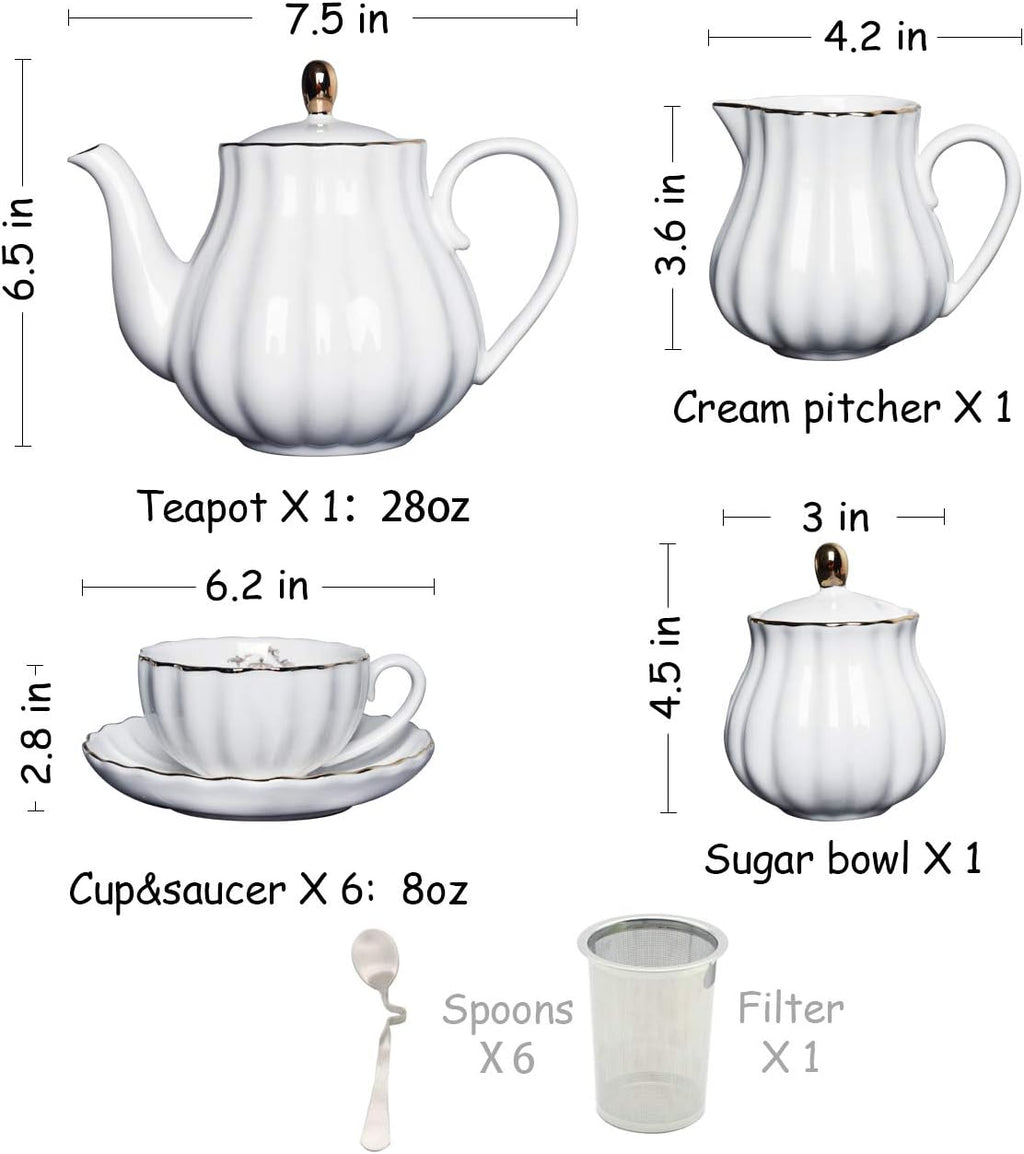 Porcelain Tea Sets British Royal Series, 8 OZ Cups& Saucer Service for 6, with Teapot Sugar Bowl Cream Pitcher Teaspoons and tea strainer for Tea/Coffee, Pukka Home (Pure White)