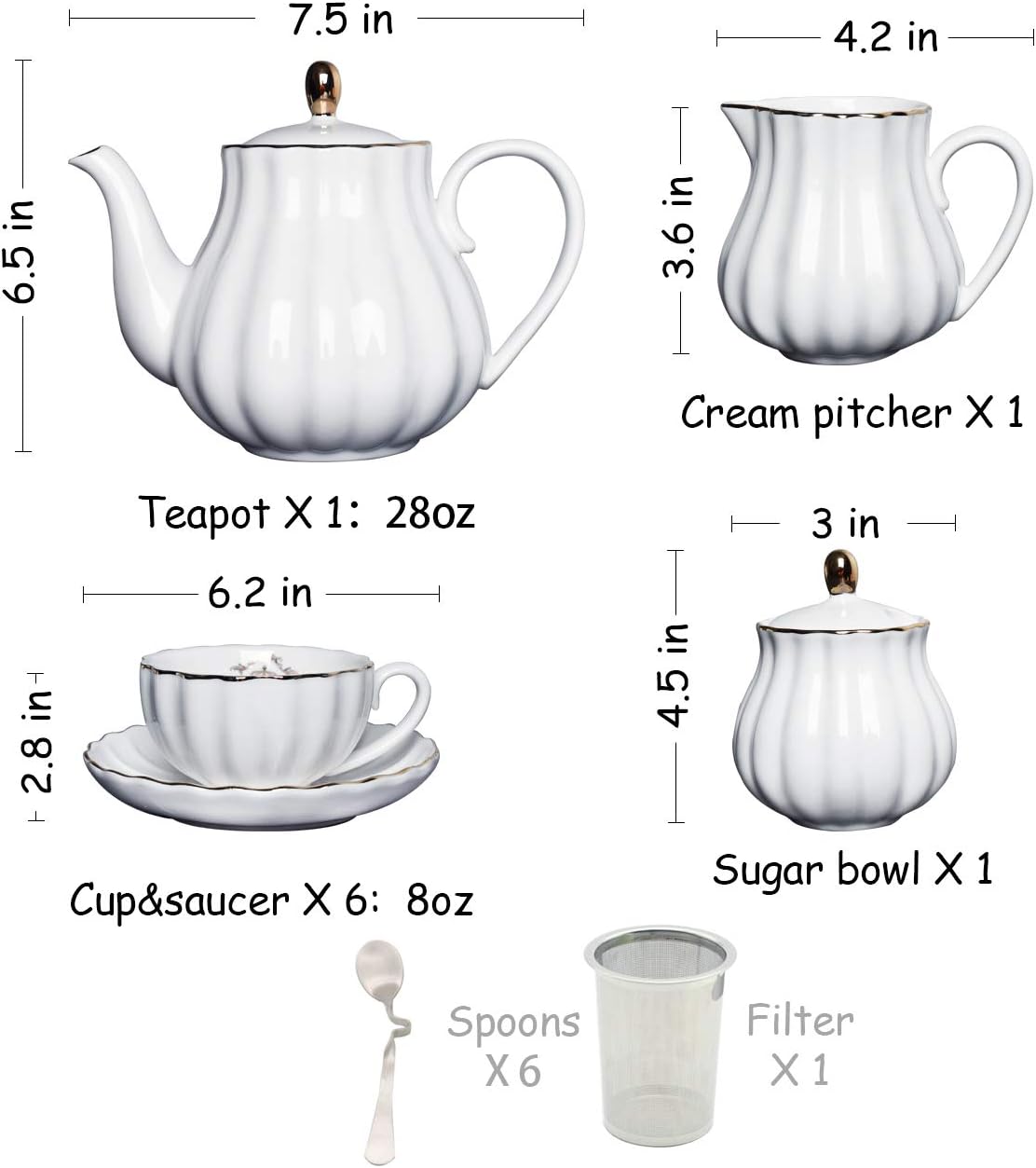Porcelain Tea Sets British Royal Series, 8 OZ Cups& Saucer Service for 6, with Teapot Sugar Bowl Cream Pitcher Teaspoons and tea strainer for Tea/Coffee, Pukka Home (Pure White)