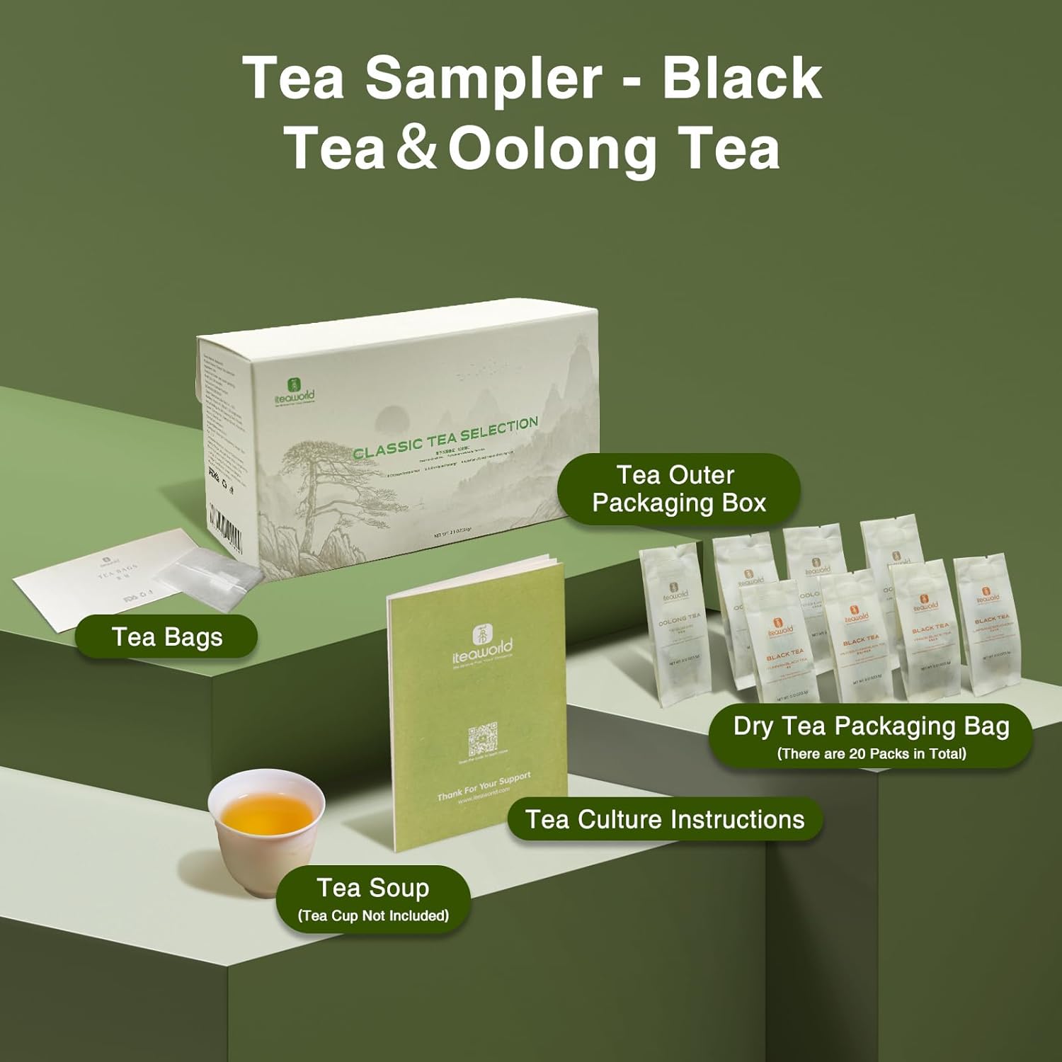 iTeaworld Loose Leaf Tea Sampler Chinese Tea Samplers, 8 Flavors Oolong Tea and Black Tea With Mediumly Caffeinated, High Mountain Tea, Sugar Free for Health Come with 20 Tea Bags, 2.1oz