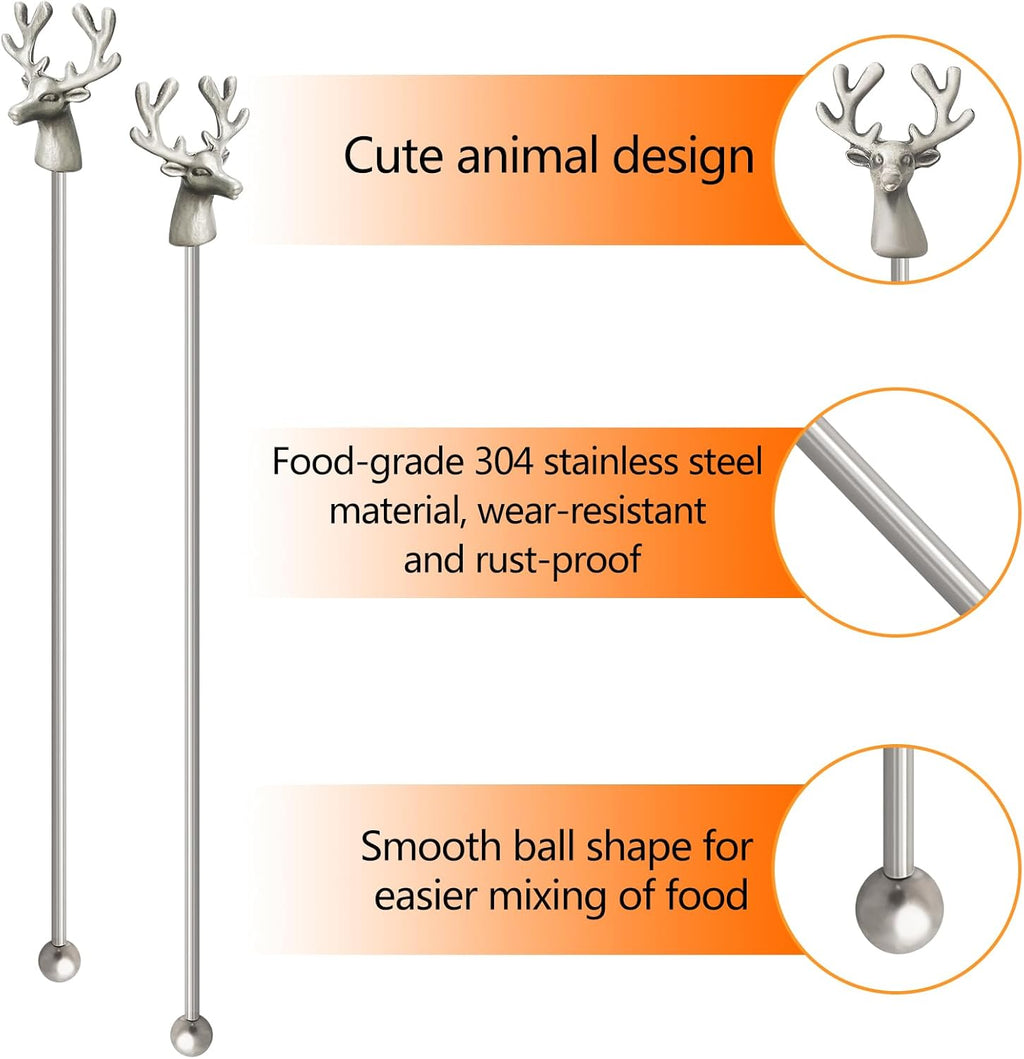 Swizzle Sticks,5 Pcs Stainless Steel Reusable Deer Head Shape Cocktail Stirrer Coffee Beverage Stir Sticks for Cocktail, Whiskey, Hot Cocoa, Creamer (Ancient Silver)