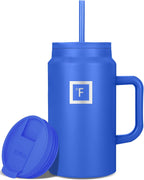IRON °FLASK Co-Pilot Insulated Mug w/Straw & Flip Cap Lids - Cup Holder Bottle for Hot, Cold Drink - Leak-Proof - Water, Coffee Portable Travel Mug - Cobalt Blue, 50 Oz