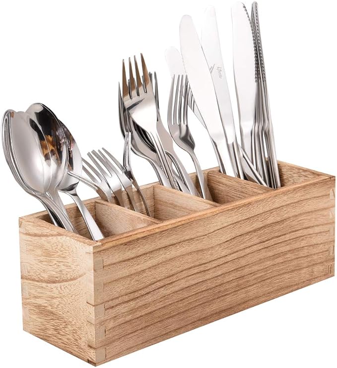 WuGeShop Wood Cutlery Caddy, Kitchen Utensil Organizer with 4 Compartments, Silverware Storage Kitchen Countertop Flatware Organizer