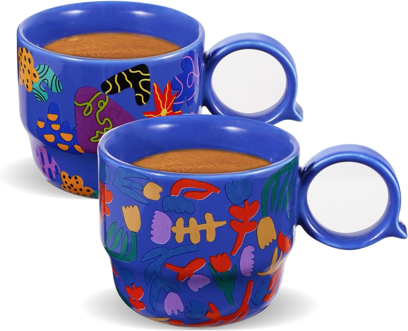 Ceramic Espresso Cups Set of 2 – Mini 3 oz Double Espresso Coffee Cups with Cute Q Handle, Floral and fruit Patterns, Small Blue Demitasse Shot Cups for Coffee Machine