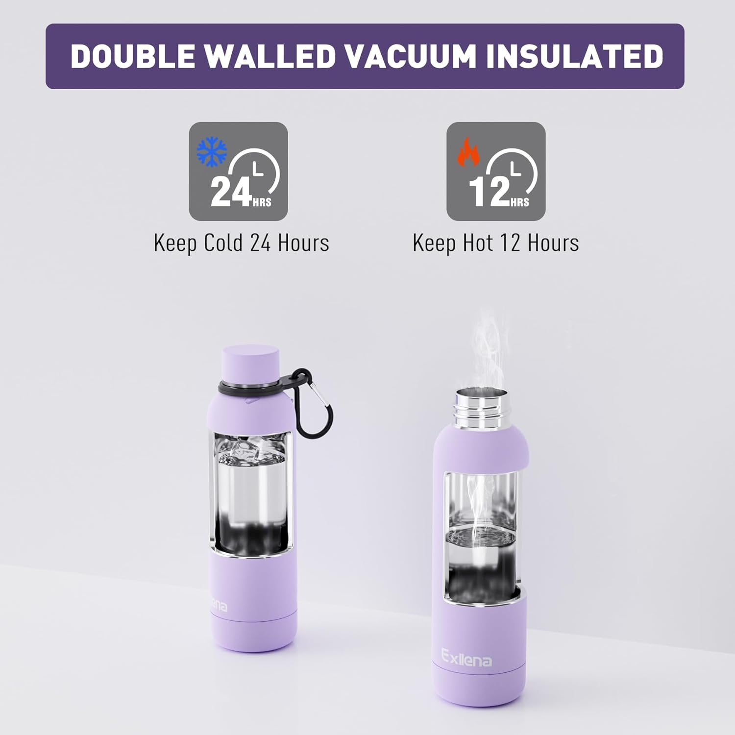 Slim Insulated Water Bottles for Travel 18oz with Clip, Double Wall Vacuum Stainless Steel Water Bottle Keeps Drinks Cold 24 Hrs/Hot 12 Hrs, 100% Leakproof, BPA Free(Purple)